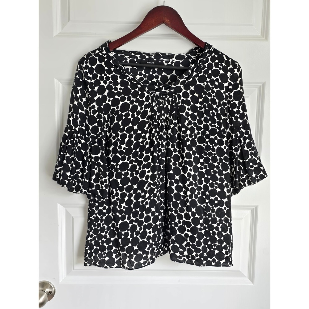 Alfani Silk Blouse Black White Geometric Polka Dot Bell Sleeve Top Size 8